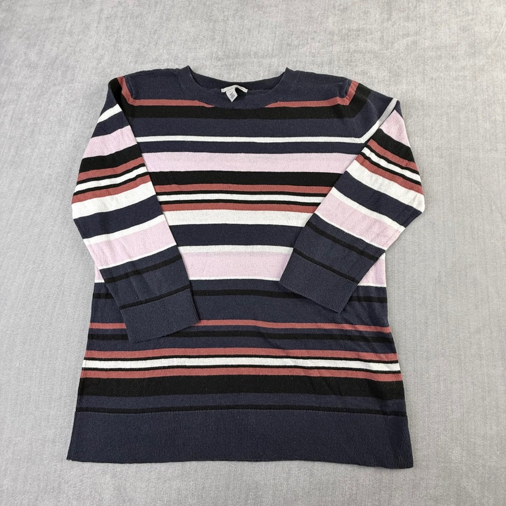 Halogen Womens Striped Crew Neck‎ Sweater Navy Pink Multi Color Knit Top Large